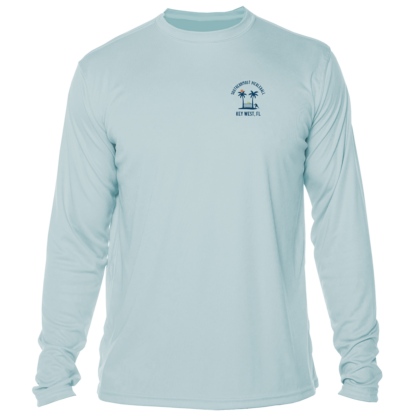 A light blue Southernmost Pickleball Beach Side Long Sleeve Performance Shirt with a logo on it.