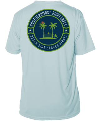 A Southernmost Pickleball Logo Short Sleeve Performance Shirt with a logo of a palm tree and a palm tree.