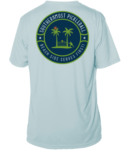 A Southernmost Pickleball Logo Short Sleeve Performance Shirt with a logo of a palm tree and a palm tree.