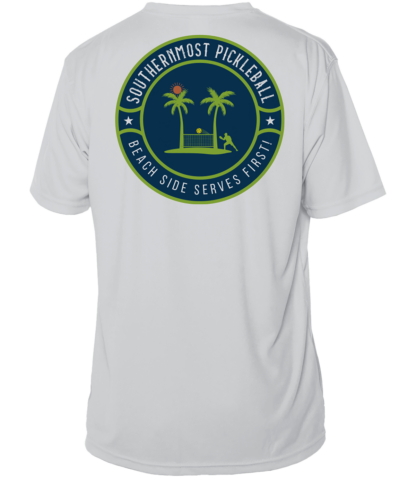A Southernmost Pickleball Logo Short Sleeve Performance Shirt with a logo of a palm tree and a palm tree.