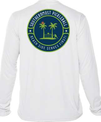 A Southernmost Pickleball Logo Long Sleeve Performance Shirt with a palm tree on it.