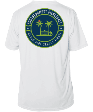 Southernmost Pickleball logo on a white performance shirt, beach-themed design.