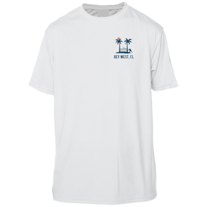 A Southernmost Pickleball Logo Short Sleeve Performance Shirt with an image of a palm tree.