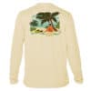 UPF 50+ sun protection hoodie featuring tropical beach scene with palm trees and diver, perfect for.