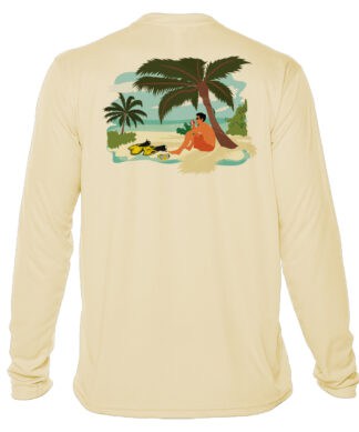 UPF 50+ sun protection hoodie featuring tropical beach scene with palm trees and diver, perfect for.