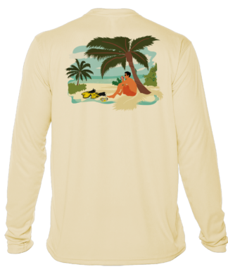 A Key West Sun Shirts - Between Dives - UV Hoodie with an image of a man on a beach with palm trees.