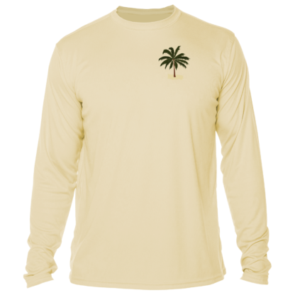 A Key West Sun Shirts - Between Dives - UV Hoodie with a palm tree on it.