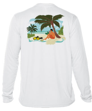 UPF 50+ sun protection hoodie with tropical beach scene, perfect for outdoor and water activities in.