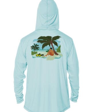 UPF 50+ sun protection hoodie with tropical beach scene, perfect for outdoor activities in Key West.