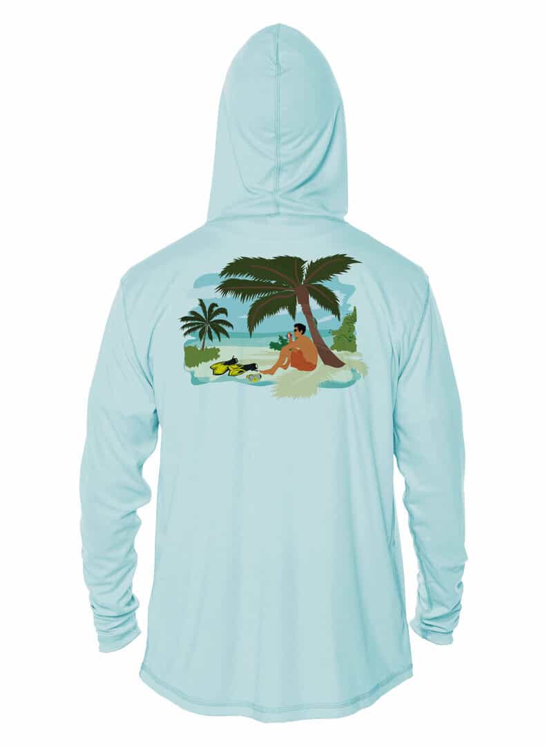 UPF 50+ sun protection hoodie with tropical beach scene, perfect for outdoor activities in Key West.