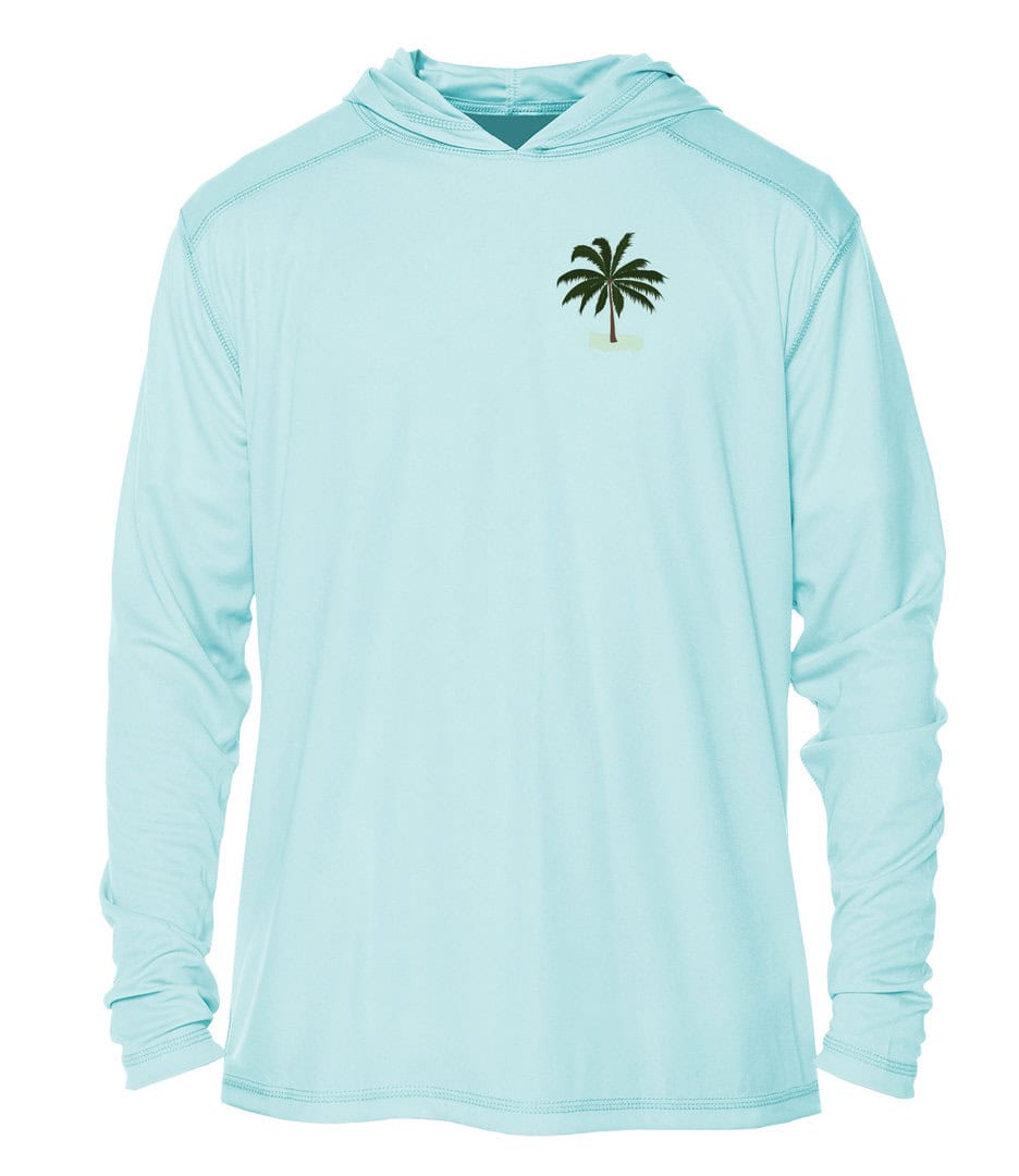 UPF 50+ hoodie with palm tree logo, perfect for sun protection during beach activities.