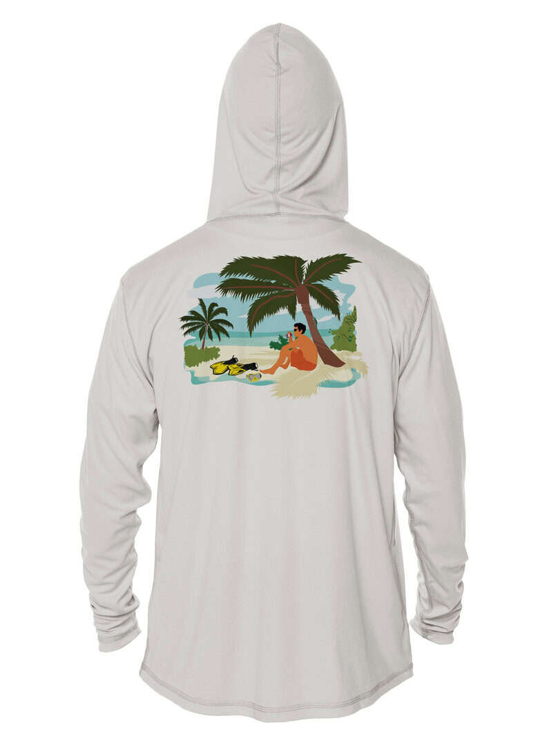 UPF 50+ hoodie with tropical beach scene, palm trees, and relaxing woman, perfect for sun protection.