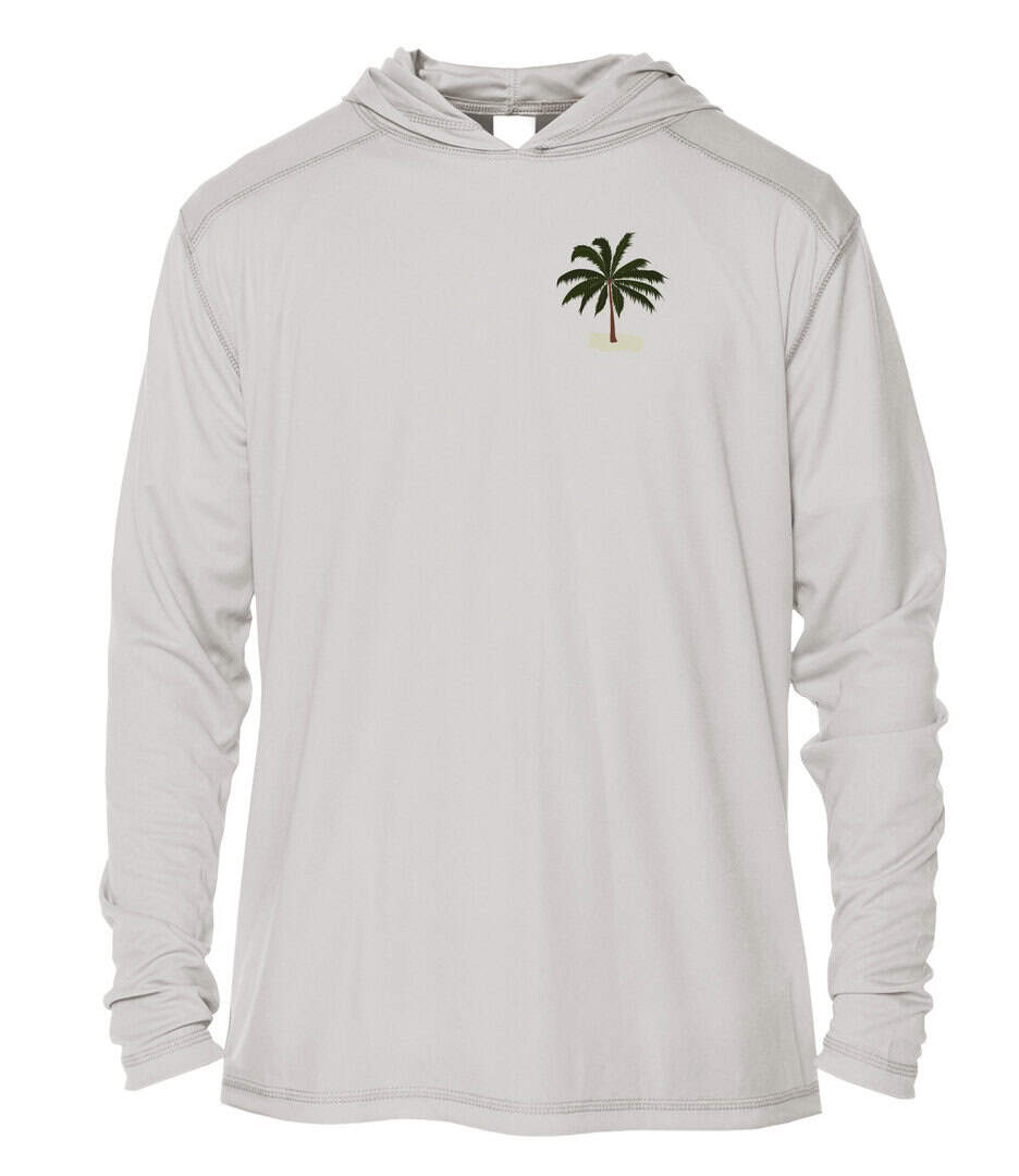 UPF 50+ hoodie with palm tree logo, perfect for sun protection during beach activities.