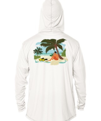 A Key West Sun Shirts - Between Dives - UV Hoodie with an image of a beach and a palm tree.