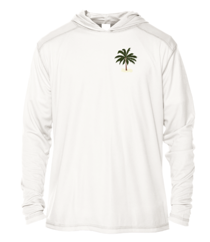 A Key West Sun Shirts - Between Dives - UV Hoodie with a palm tree on it.
