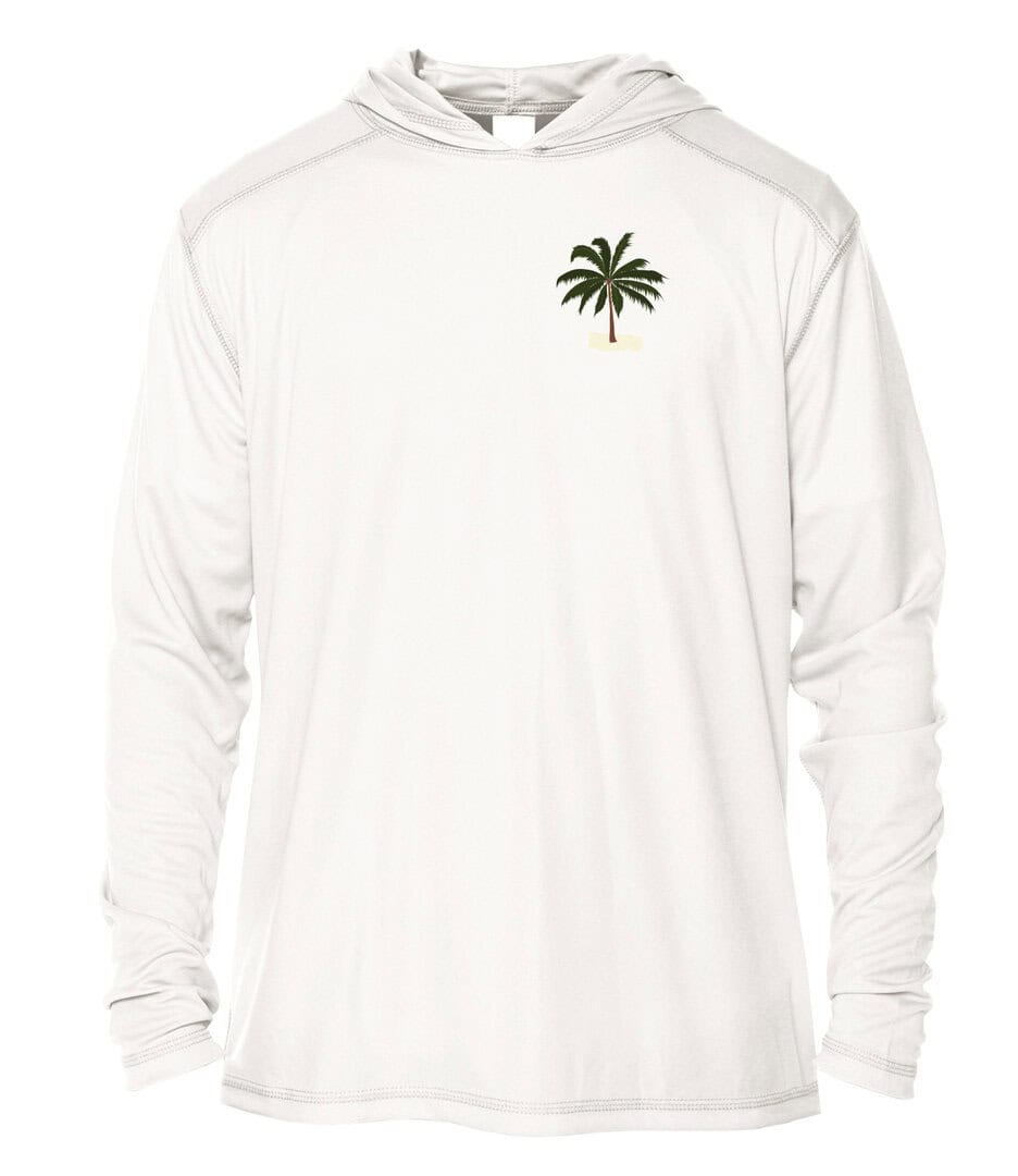 UPF 50+ hoodie with palm tree logo, perfect for sun protection during beach activities.