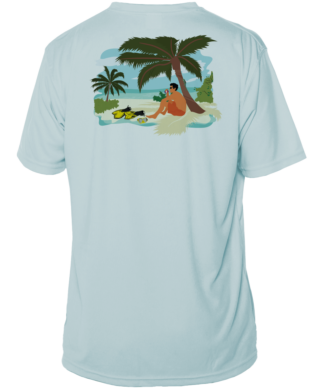 A light blue Key West Sun Shirt - Between Dives - UV Hoodie with an image of a man on a beach.