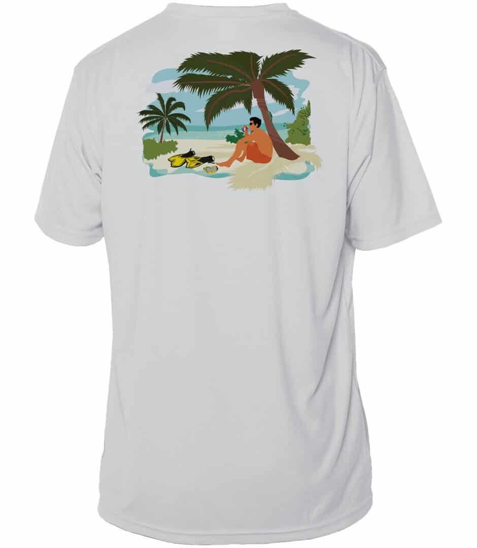 UPF 50+ sun protection hoodie with tropical beach scene, perfect for Key West outdoor activities.