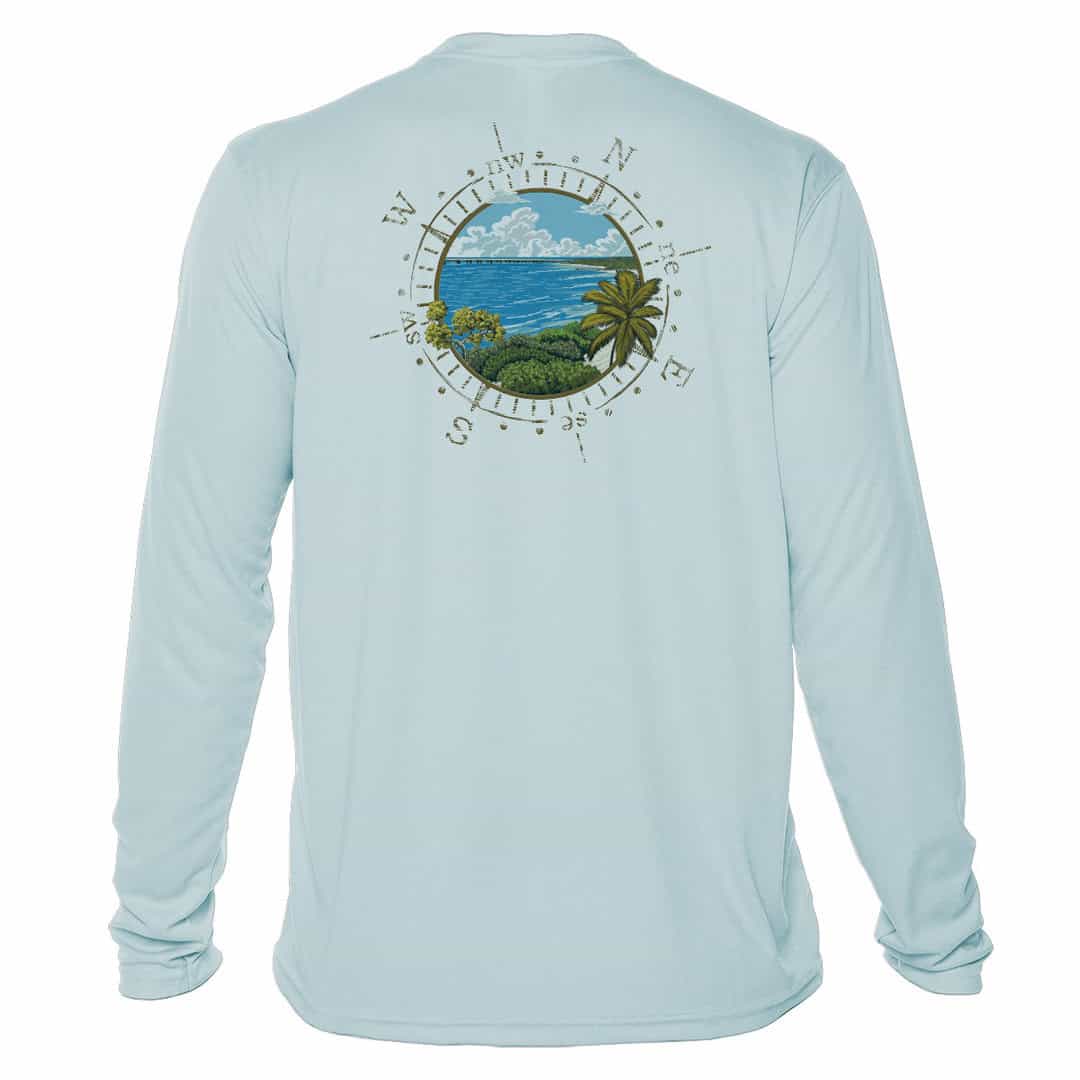 Sun protection UPF 50+ long sleeve shirt in Arctic Blue with Bahia Honda compass design. Perfect for.