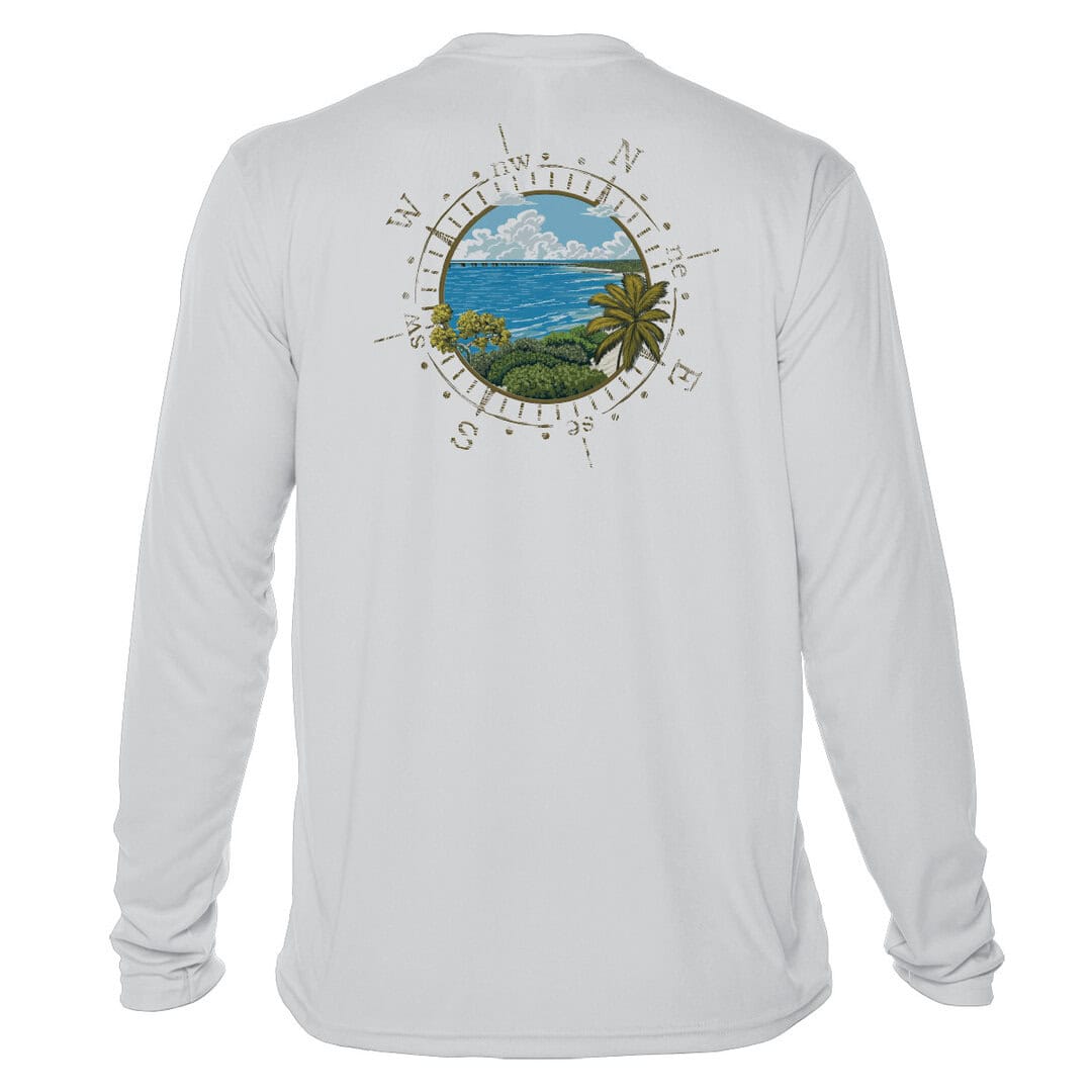 Sun shirt with Bahia Honda compass design, UPF 50+ protection, long sleeves, Pearl Grey, XS.
