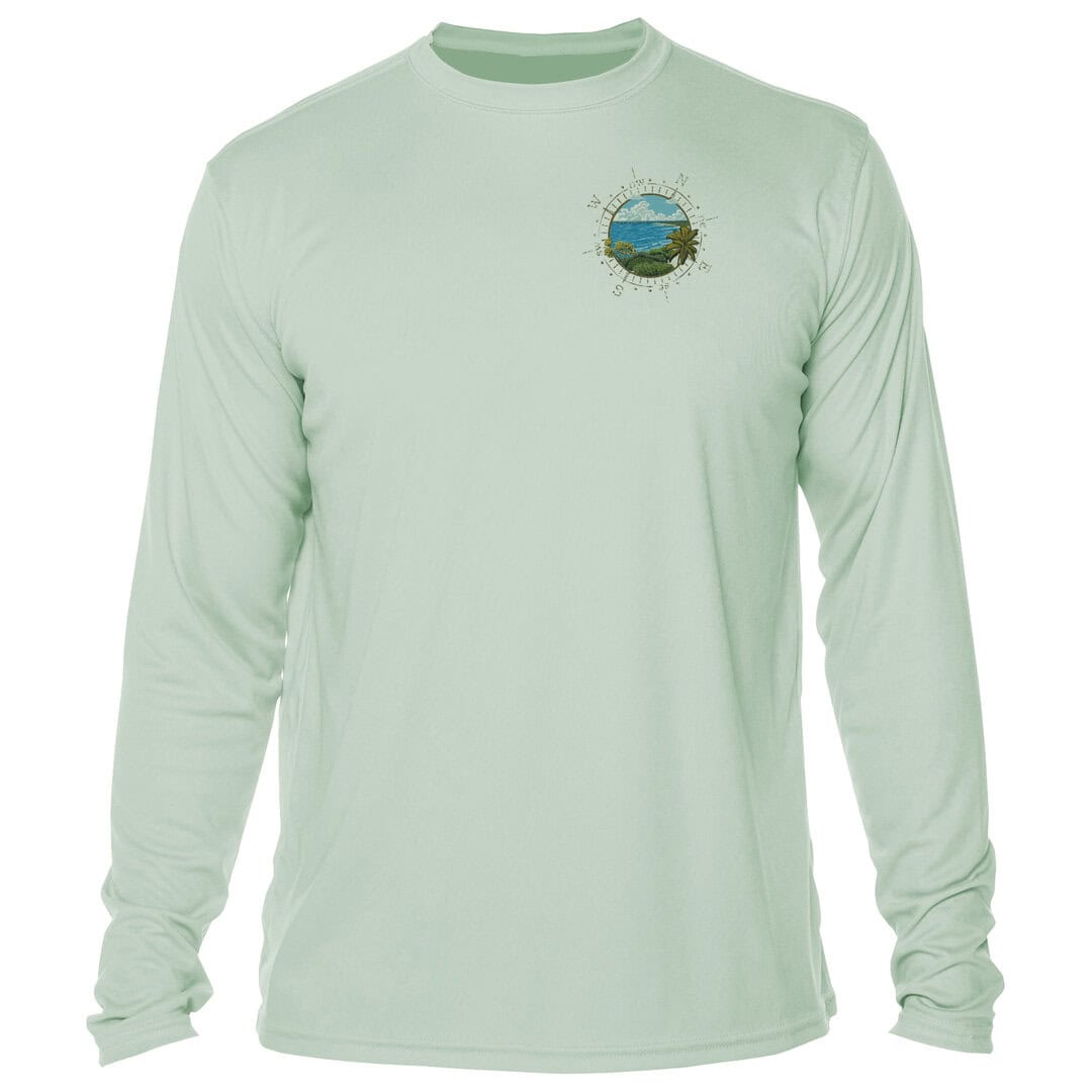 Sunshine and ocean scene logo on light green long sleeve shirt.