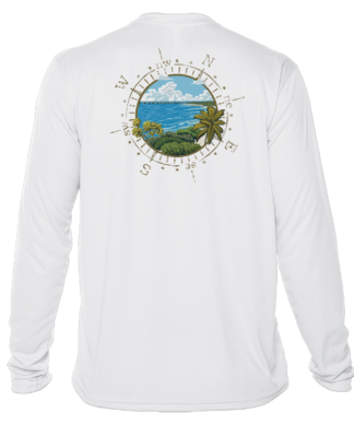 A white long-sleeve performance shirt with an image of the ocean and a compass.