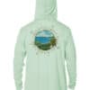 UPF 50+ sun protection hoodie featuring a scenic compass and ocean view design. Perfect for beach da.