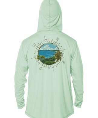 UPF 50+ sun protection hoodie featuring a scenic compass and ocean view design. Perfect for beach da.