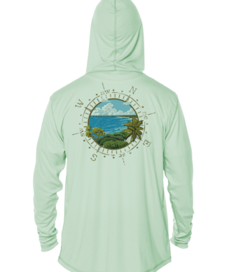 A green hoodie with an image of the ocean and a compass.