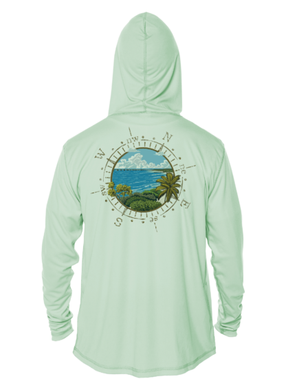 A green hoodie with an image of the ocean and a compass.