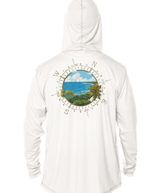 White UPF 50+ Hoodie with Bahia Honda compass design.