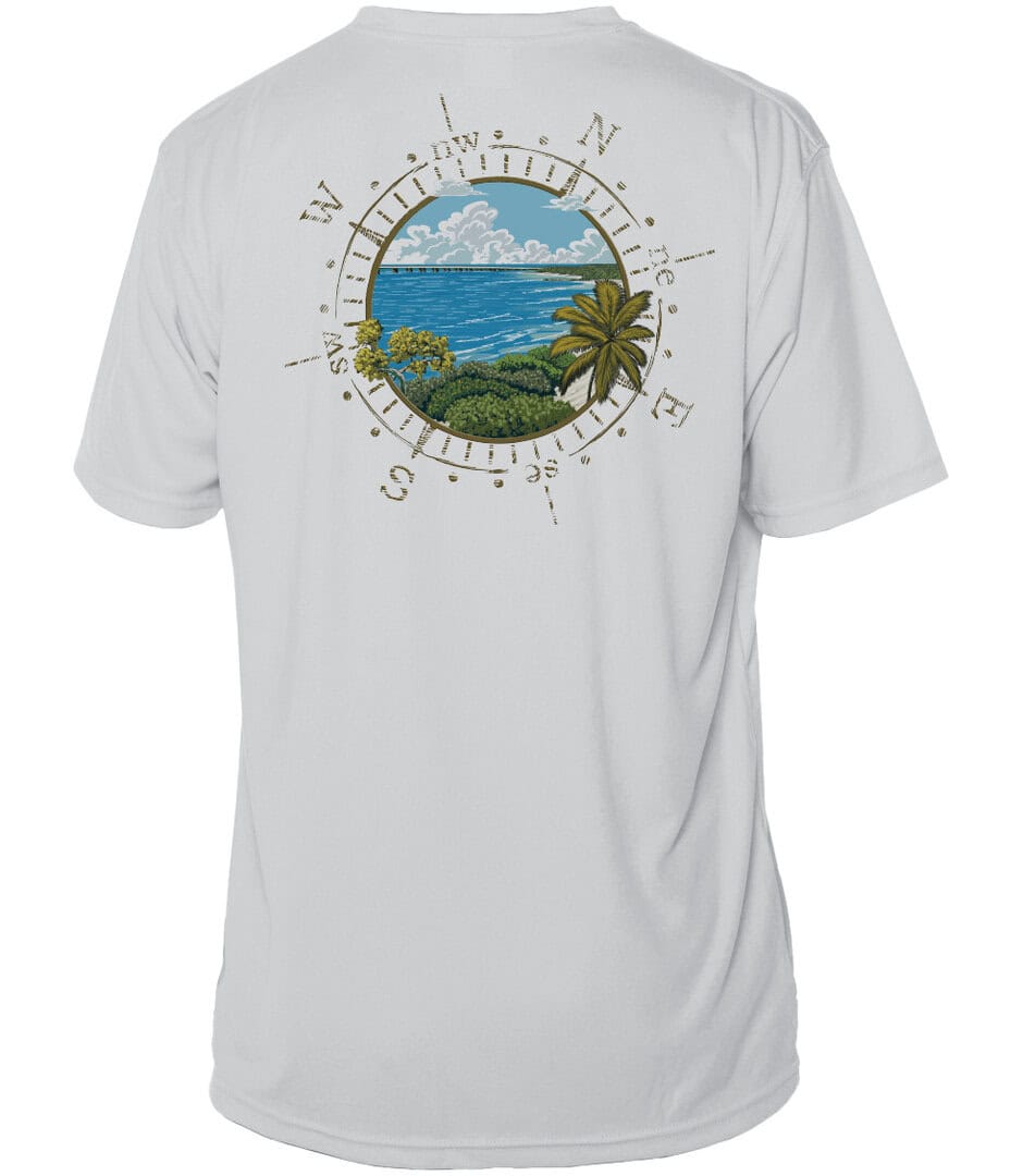 Sun Shirts with Bahia Honda compass design, UPF 50+ protection, short sleeve, Pearl Grey, XS.
