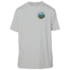 A UV shirt with an image of the ocean and mountains.