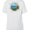 A white sun shirt with an image of the ocean and palm trees.