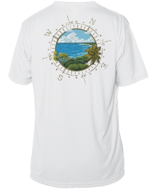 A white sun shirt with an image of the ocean and palm trees.