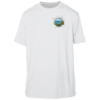 A UV shirt with an image of the ocean and mountains.