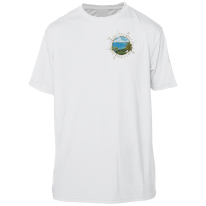 A UV shirt with an image of the ocean and mountains.