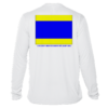 A white long-sleeve shirt with a UV-protective flag design.