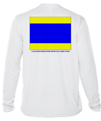 A white long-sleeve shirt with a UV-protective flag design.