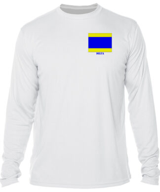 White long-sleeve sun shirt with Delta flag design, perfect for outdoor activities.