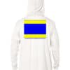 Hooded UPF 50+ sun shirt with bold flag design, ideal for sun protection during outdoor activities.