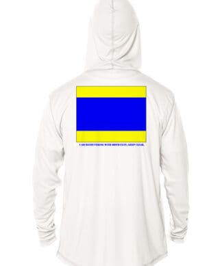 Hooded UPF 50+ sun shirt with bold flag design, ideal for sun protection during outdoor activities.