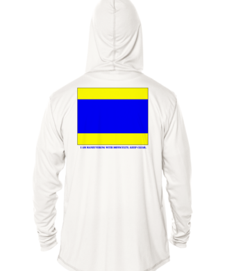 A white hoodie with a blue and yellow delta flag on it.