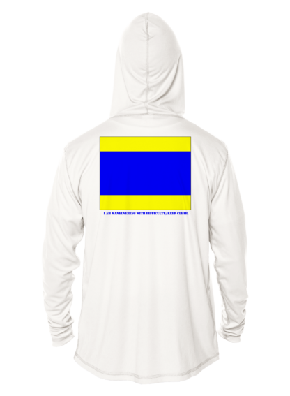 A white hoodie with a blue and yellow delta flag on it.