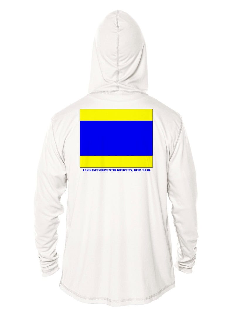 Hooded UPF 50+ sun shirt with bold flag design, ideal for sun protection during outdoor activities.