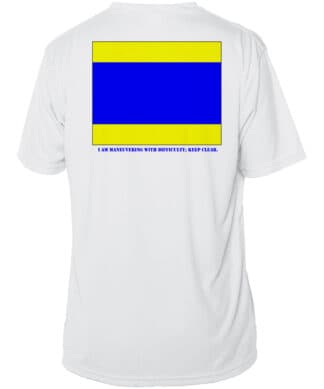 Sun Shirt with bold blue and yellow design, UPF 50+ protection, and humorous message.