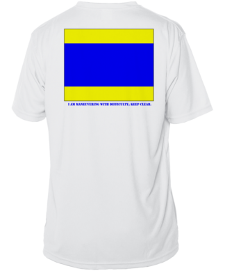 A blue and yellow delta flag sun shirt.