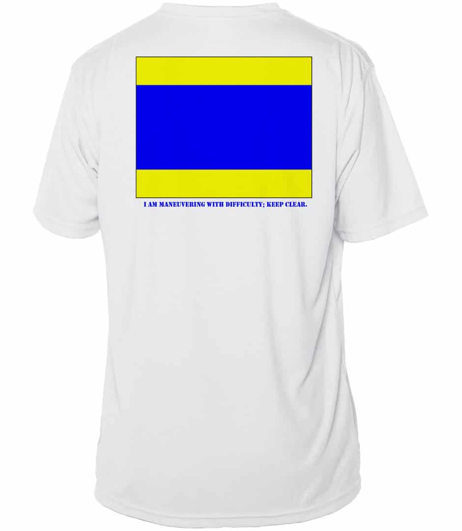 Sun Shirt with bold blue and yellow design, UPF 50+ protection, and humorous message.