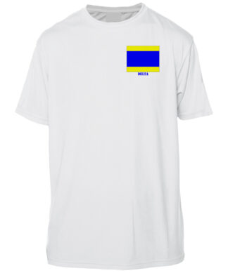 White sun shirt featuring Delta flag design, perfect for beach and outdoor activities.