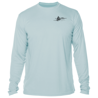 A men's light blue long sleeve performance shirt with an image of a marlin.